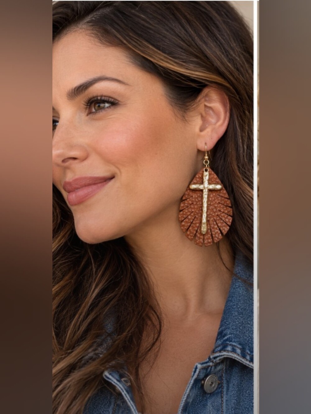Brown Leaf Cross Dangle Earrings Gold Tone Textured Costume Jewelry